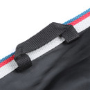 Interior strap keeper and reinforced trim detail on teal turnout rug with red and white edging