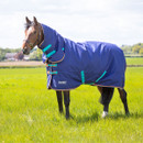 Horse wearing Tempest Original 100g combo turnout rug in a grassy field, showing full coverage with integrated neck.