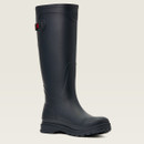 Tall black rubber boot with a rugged sole and a red adjustable strap at the side, set against a plain light background, conveying durability and practicality.