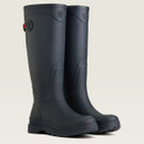 Tall black rubber boots with a sleek, matte finish are positioned against a neutral background. The boots are designed for outdoor use, displaying a sturdy sole and subtle logo detail, conveying functionality and durability.