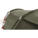 Close-up of a green tent's roof, featuring a sleek design with reflective poles and red guylines for stability.