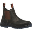 Single black leather Chelsea-style work boot with brown elastic side panel, blue outsole, and orange "Hard Yakka" pull tab, side view.