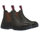 Pair of black leather Chelsea work boots with brown elastic side panels, blue rugged outsoles, and pink “Hard Yakka” pull tabs, shown at an angle. Pair of black leather Chelsea work boots with brown elastic side panels, blue rugged outsoles, and pink “Hard Yakka” pull tabs, shown at an angle.