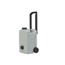 Grey wheeled water canister with a retractable handle, designed for easy transport and storage.