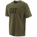 Olive green CAT logo T-shirt displayed at an angle, showing the front graphic and overall shape.