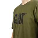 Close-up of the CAT logo printed on an olive green T-shirt, showing texture and print detail.