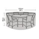 Diagram of a round table with chairs, measuring 250cm across and 95cm in height., showing what the garden furniture cover is suitable for