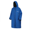 A side view of a bright blue waterproof changing robe.