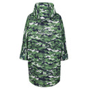 The back of a green camo print waterproof robe.