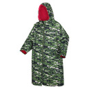 A side view of a green camo print waterproof robe with pink lining.