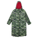 The front of a green camo print waterproof robe with pink lining.