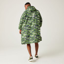 A full length view of the back of a man wearing a green camo print waterproof robe.