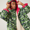 A man wearing a green camo print robe with the hood up.