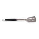 Stainless steel barbecue spatula with a black handle and hanging loop, shown on a white background.