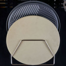 Top-down view of a round pizza stone and ribbed griddle plate in a metal storage rack.