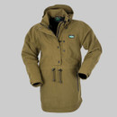 Teak jacket with hood, zip, and button closure on a white background.