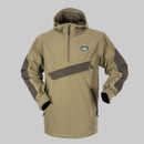 An anorak-style khaki jacket with a hood and a prominent gray stripe.