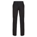 Rear view of black trousers with an elastic waistband, straight legs, and pockets on a white background, conveying a casual and comfortable style.