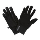 Black insulated gloves with textured palms for grip, labeled "Glacier Gloves." The design suggests warmth and functionality in cold weather.