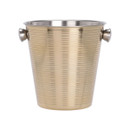 Gold metal ice bucket with side handles and a brushed striped finish, ideal for chilling wine, champagne, beer and bottled drinks at parties, celebrations and special occasions.