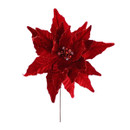 Red velvet poinsettia Christmas flower pick with glitter-edged petals and decorative berry centre, perfect for festive trees, wreaths and floral displays.