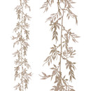 Two elegant, vertical floral vines with delicate leaves, illustrated in soft beige tones against a white background.
