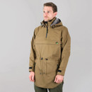 Man in a brown hooded jacket with a zip and drawstrings, standing against a white background.