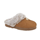 A side view of a chestnut coloured slipper.