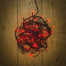 Coiled red LED fairy lights with green cable arranged on a wooden floor, highlighting compact storage and vibrant red illumination.