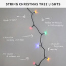 Promotional graphic for string Christmas tree lights highlighting Grade A LEDs, 8-function memory controller, Easytimer feature and suitability for indoor and outdoor use.
