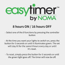 NOMA Easytimer Christmas lights guide showing 8 hours on and 16 hours off timer settings with instructions for operation and reset.