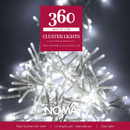 NOMA 360 white LED cluster lights packaging featuring indoor and outdoor Christmas lights, multifunction timer, clear cable and bright white illumination.