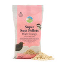 Bag of "Super Suet Pellets" by RSPB, with a pink and grey design, featuring bird illustrations. Pellets are spilled in front, emphasising high-energy bird feed.