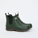 Green Barbour Chelsea wellies with elastic side panels and chunky lug sole, shown in side profile on a white background.