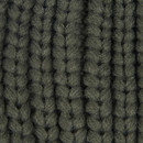 Close-up of a knitted dark green fabric with ribbed texture. Thick yarn creates vertical lines, conveying warmth and cosiness.