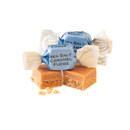 Individually wrapped sea salt caramel fudge pieces with golden brown colour and creamy texture. Individually wrapped sea salt caramel fudge pieces with golden brown colour and creamy texture.