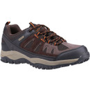 Brown and black hiking shoe with orange accents and rugged sole, designed for outdoor use. The shoe looks sturdy, comfortable, and durable.