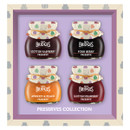 A Preserves Collection gift set featuring four Mrs Bridges mini jars: Scottish raspberry preserve, four berry preserve, apricot & peach preserve and Scottish strawberry preserve. The cream frame is decorated with grey jar motifs.