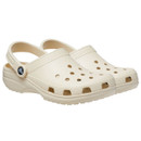 Pair of bone-coloured Crocs Classic Clogs with ventilation holes and pivoting heel straps, photographed on a white background.
