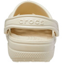 Rear view of a bone-coloured Crocs Classic Clog with embossed Crocs branding on the heel strap.