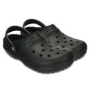 Black clogs with ventilation holes and heel straps are displayed against a plain white background. The design conveys comfort and casual style.