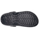 Bottom view of a black Crocs shoe, showing a textured tread pattern with angular grooves and the brand name in the centre.