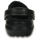 Black lined Croc shoe viewed from the front, showing textured sole and strap with logo. The soft lining adds a cosy feel to the utilitarian design.