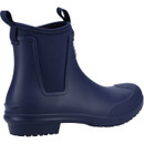 A navy blue, slip-on ankle rain boot with a pull tab. The boot has a smooth texture, rugged sole, and side elastic, conveying a practical and sturdy design.