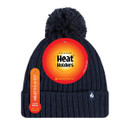A navy knitted hat with a pompom at the top.