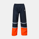 Dark blue overtrousers with reflective silver stripes and bright orange lower sections. The design is practical and highly visible.