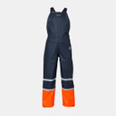 Navy blue waterproof overalls with black straps and bright orange lower legs, featuring reflective stripes, designed for outdoor work.