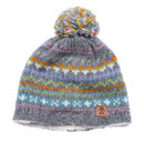 A colourful knit beanie with a pom-pom on top features horizontal stripes in blue, yellow, pink, and orange, conveying a cosy, cheerful vibe. A colourful knit beanie with a pom-pom on top features horizontal stripes in blue, yellow, pink, and orange, conveying a cosy, cheerful vibe.