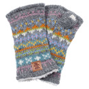 Gray fingerless gloves with colourful geometric patterns in blue, yellow, orange, and pink. Cosy texture and a brown logo patch convey warmth.