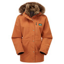 An orange parka jacket with a fur-lined hood and a front zip.